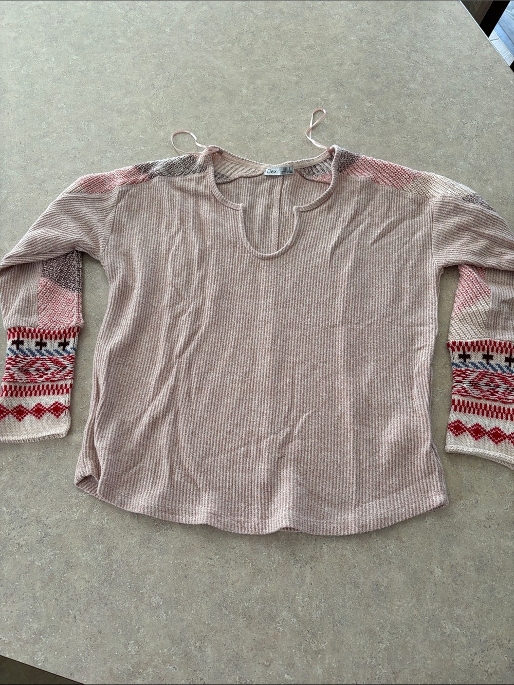 Dex Blush Pink Scoop-Neck Sweater with Patterned Sleeves